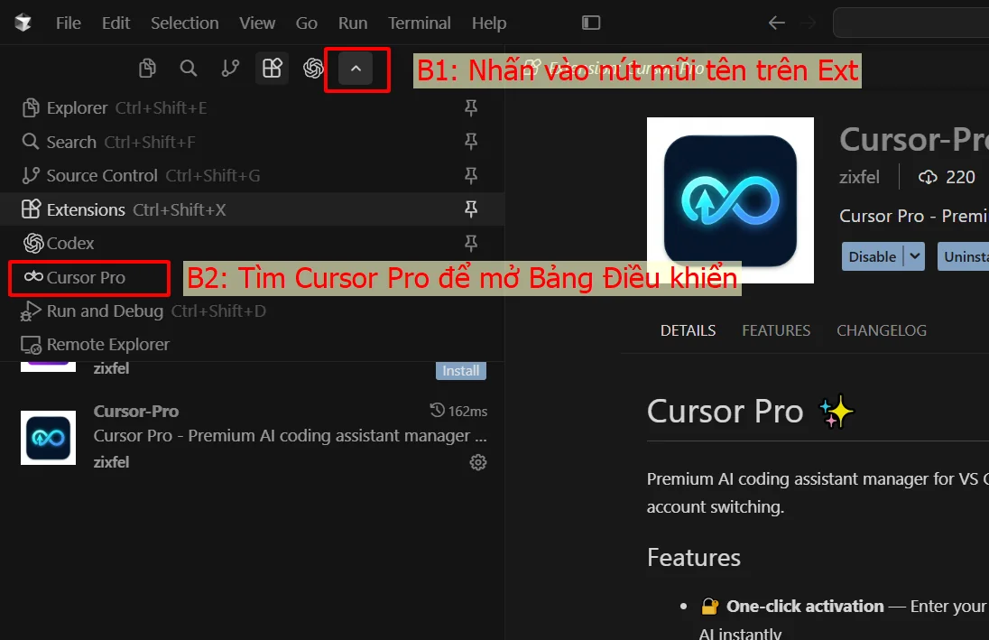 Mở Cursor Pro trong sidebar của Cursor